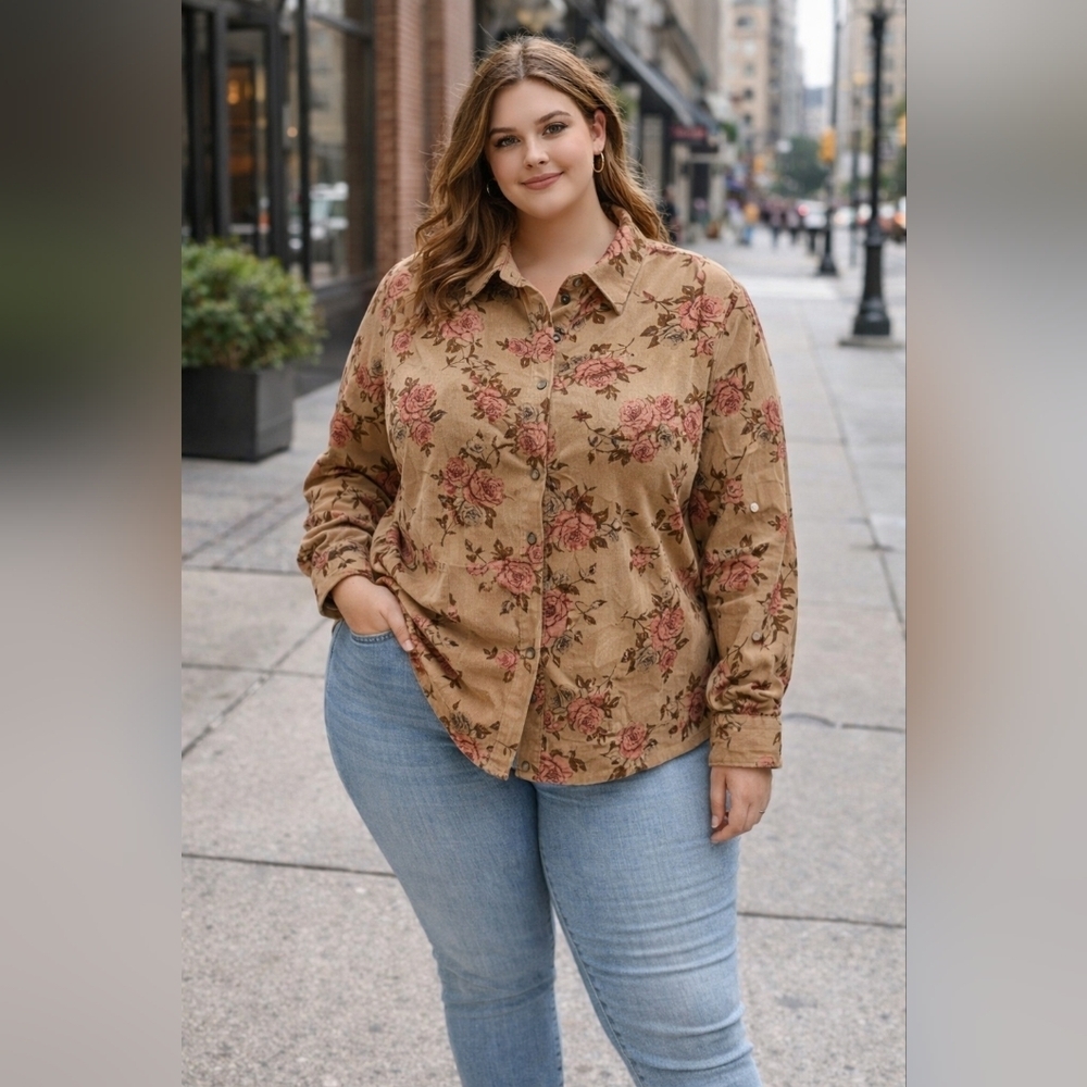 Vintage White Stag Faux Suede Floral Button Up Shirt Shacket Retro Women 18W 20W